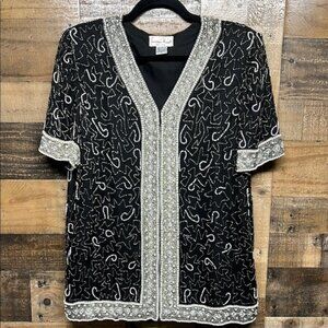 Vintage 80s Laurence Kazar Black Silk Pearl Sequin‎ Beaded Trophy Jacket Size XL